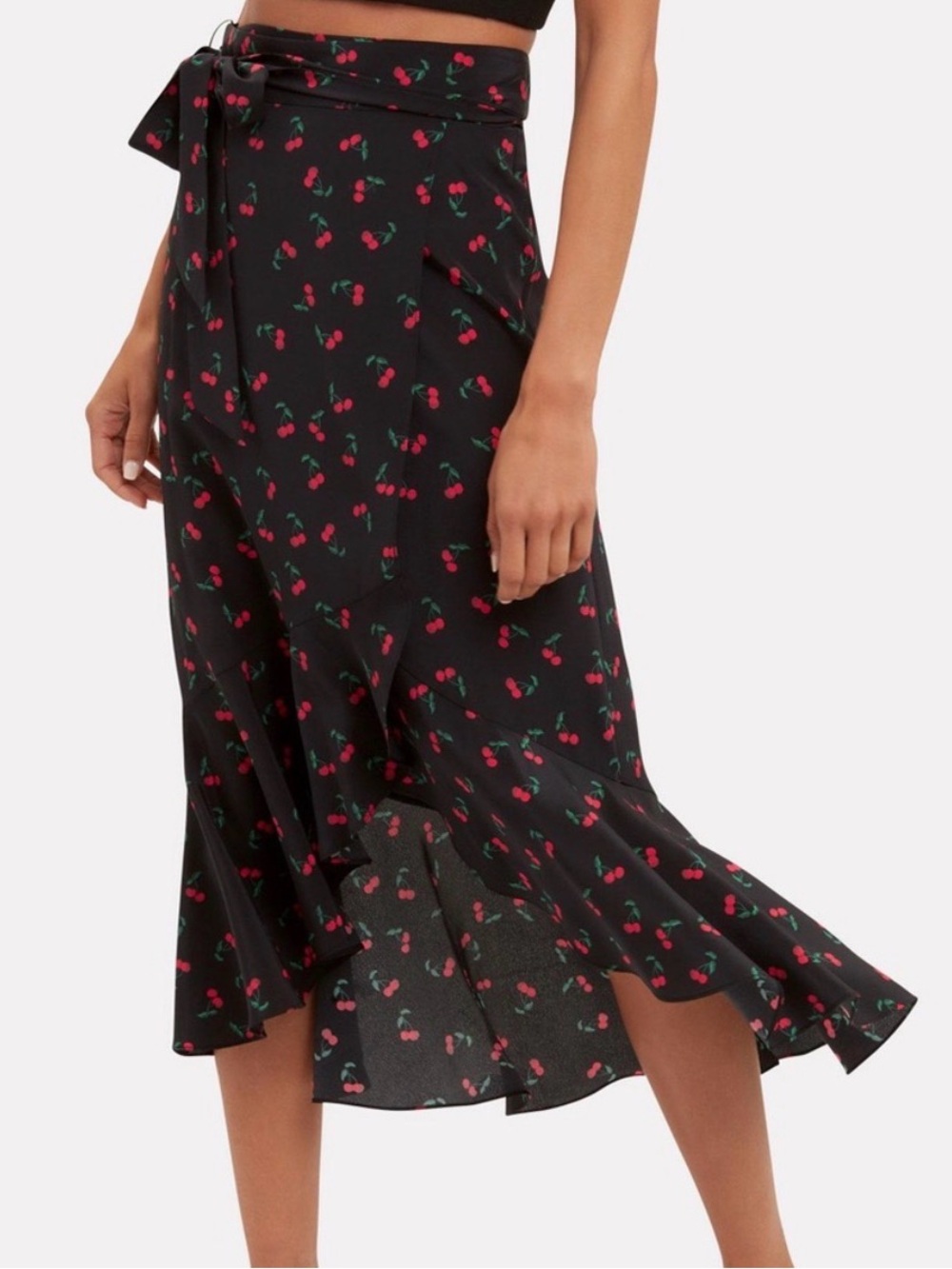 INTERMIX Black Cherry-Print Midi Wrap Skirt